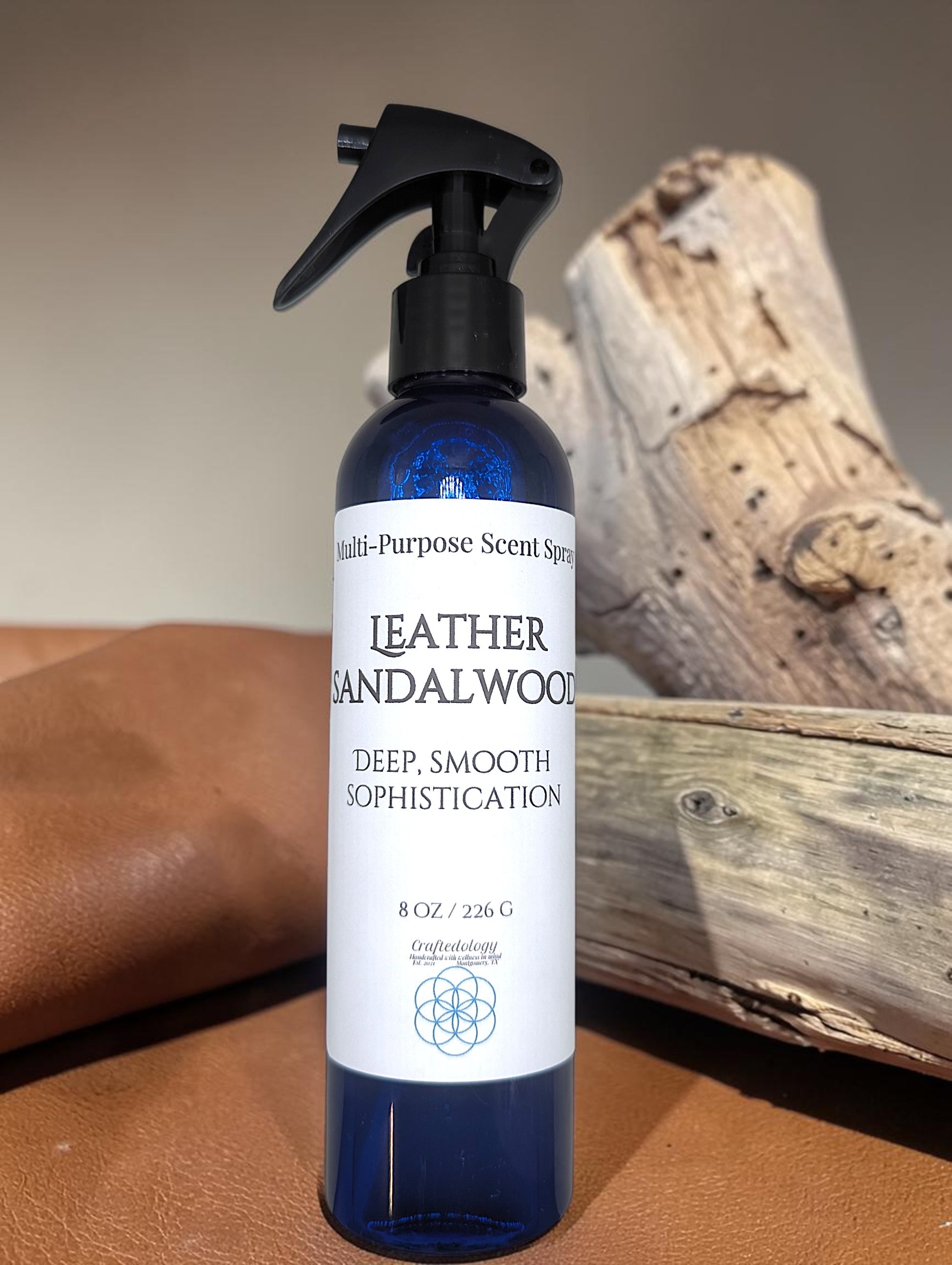 Multi-purpose, odor eliminating spray, Leather Sandalwood scent,8oz bottle, room freshener, linen spray